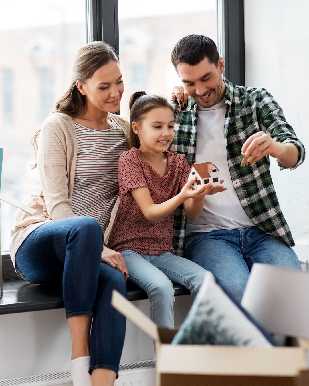Happy family with house model and keys, new home.